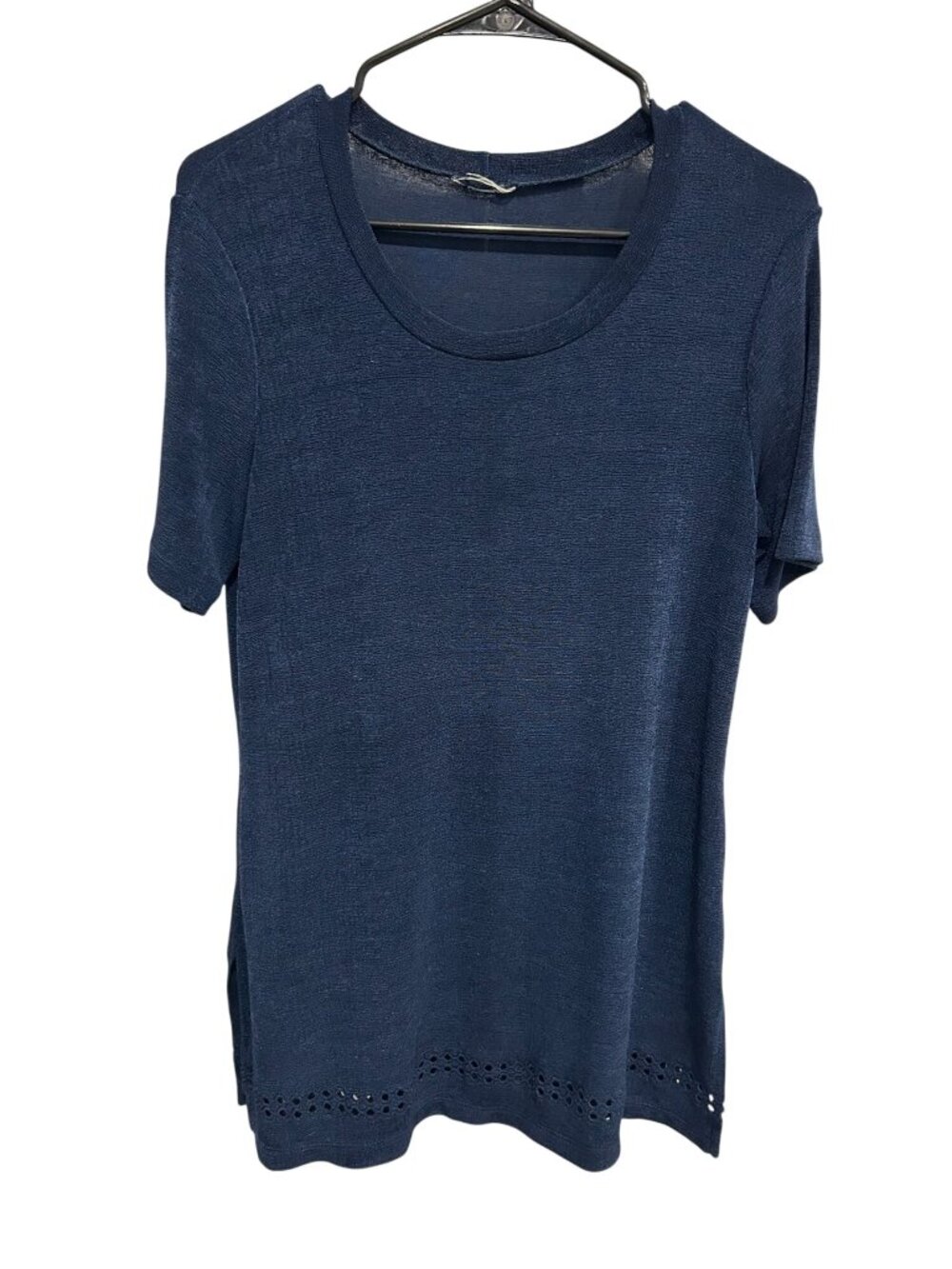Womens Navy Blue Short Sleeve Eyelet Hem Knit Top Retro Cottagecore
